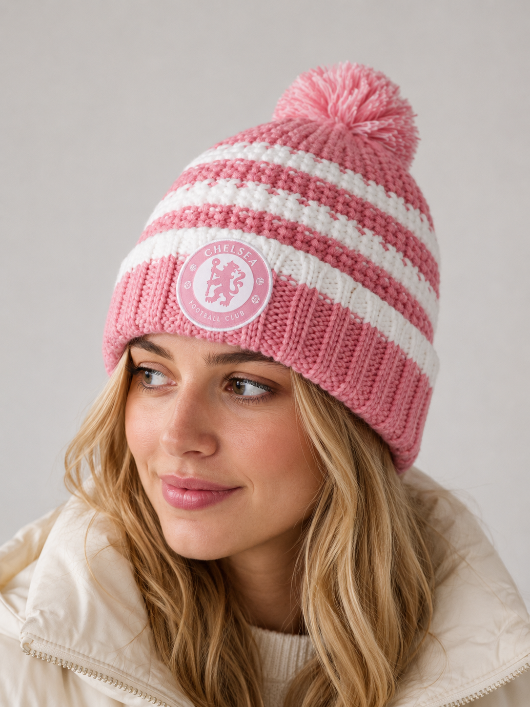Chelsea Pink And White Striped Fleeced Bobble Hat