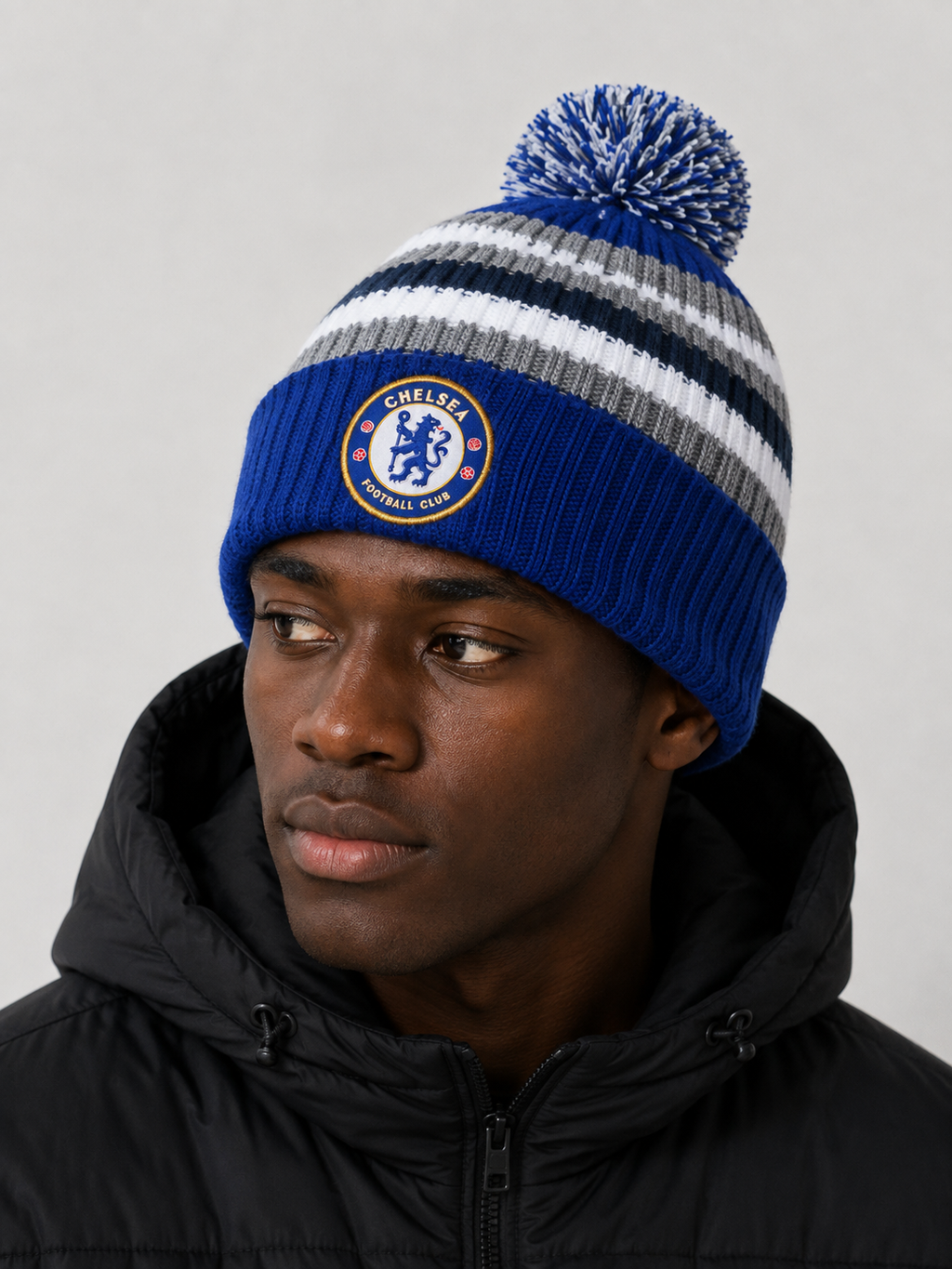 Chelsea Blue White And Black Striped Fleeced Bobble Hat