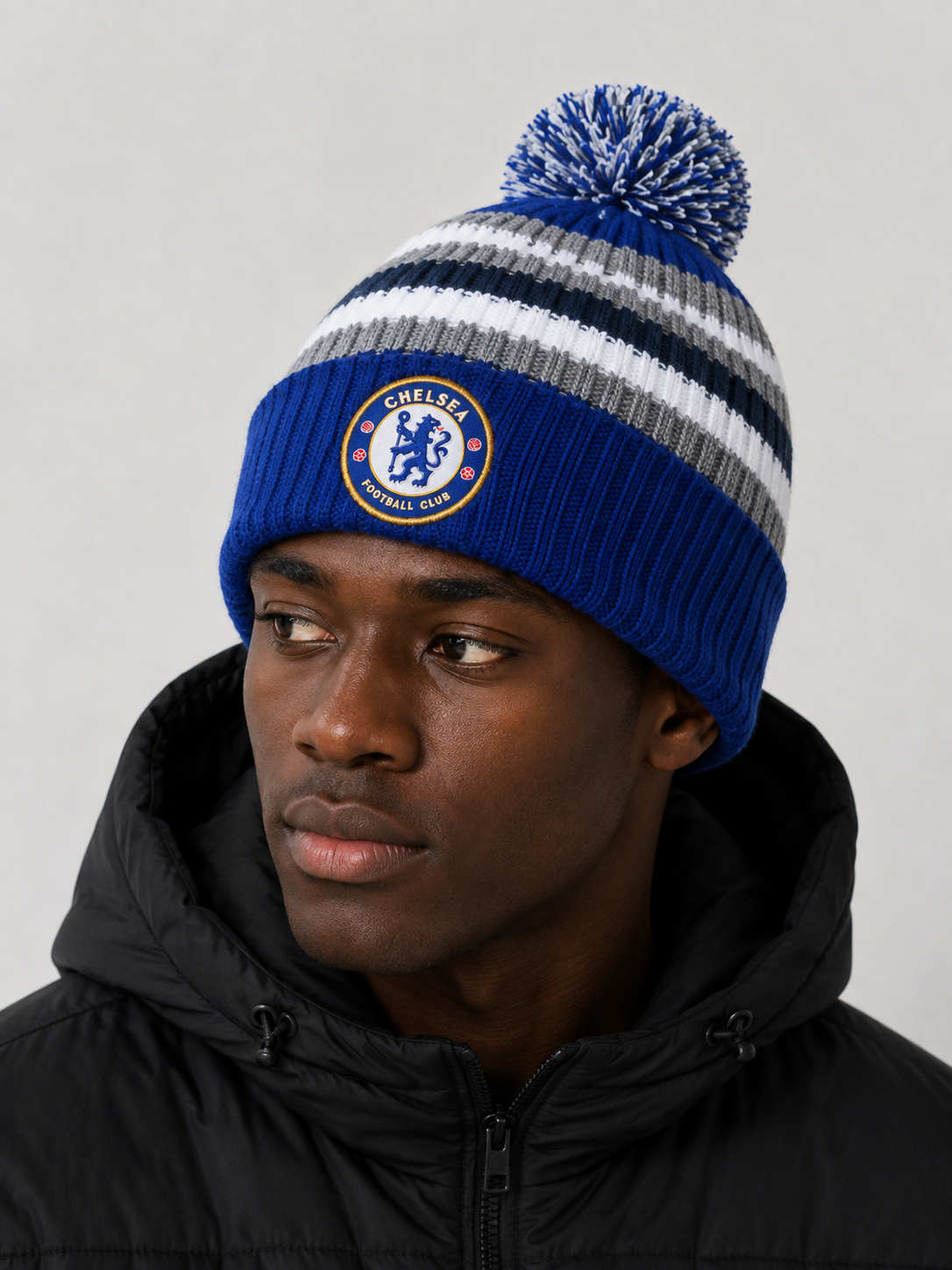 Chelsea Blue White And Black Striped Fleeced Bobble Hat