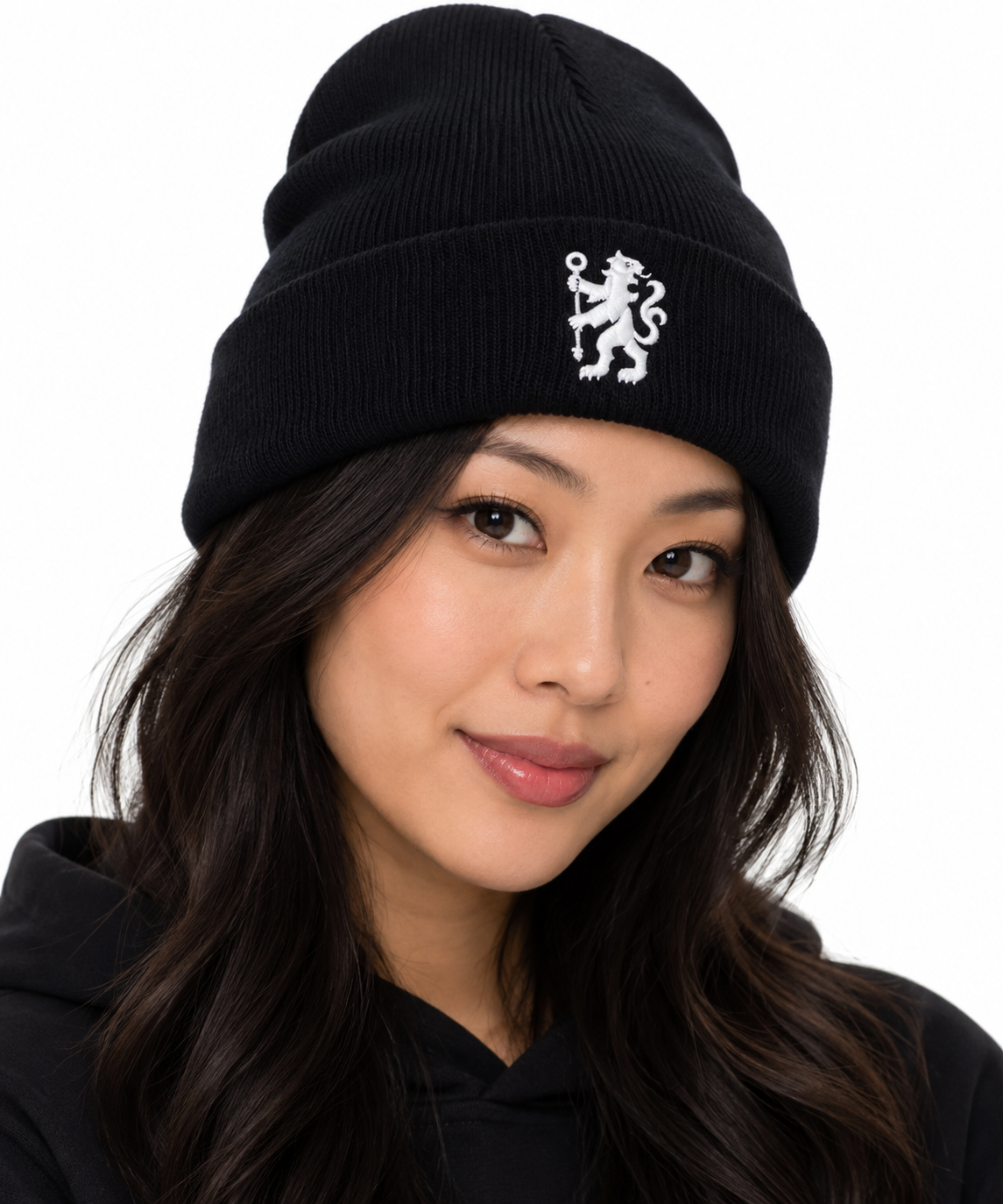 Chelsea Black White Embroidered Lion Beanie