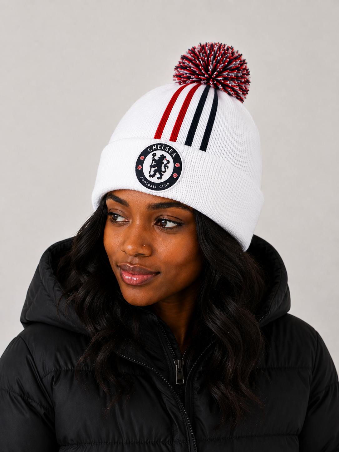 Chelsea White Green And Red Striped Bobble Hat
