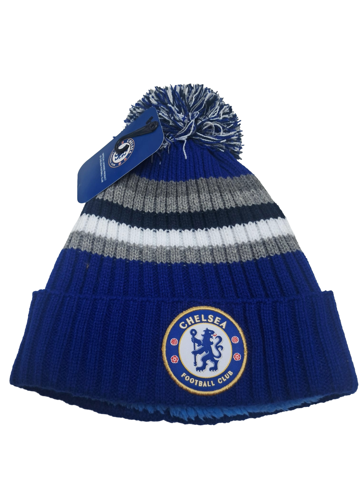 Chelsea Blue White And Black Striped Fleeced Bobble Hat